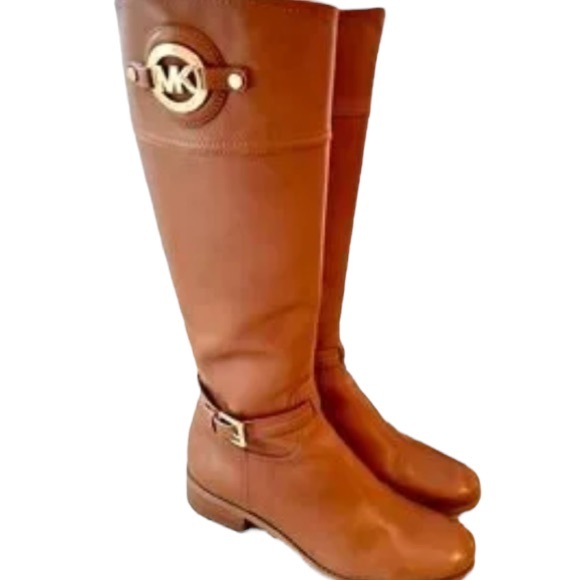 MICHAEL KORS Logo Leather Cognac Riding Boots Sz 9 Women - Picture 3 of 11